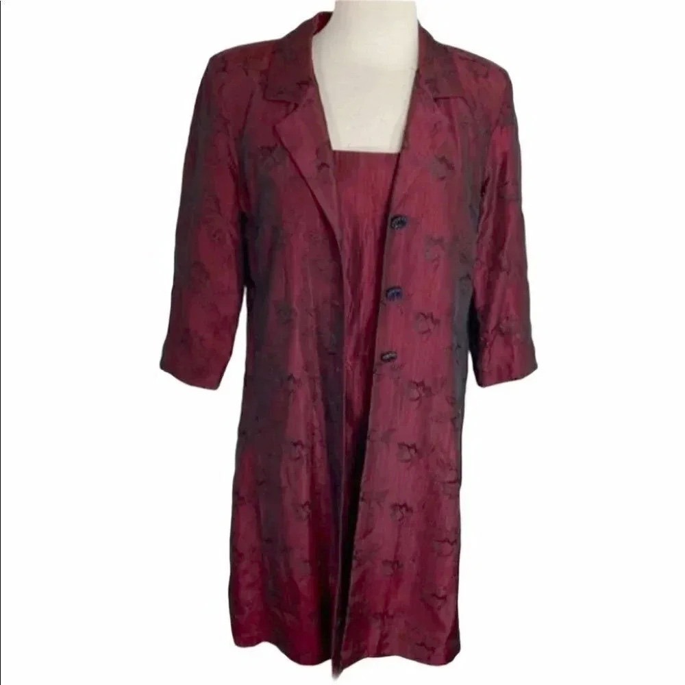 Carole Little Dress Set 4 Burgundy Vintage 90s Floral Jacquard Jacket 2pc Formal